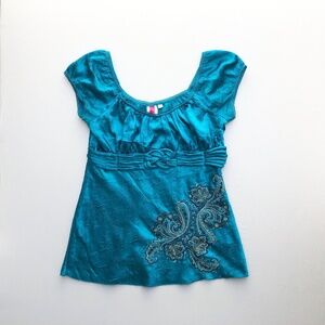 Blue Crinkle Satin Puff Cap Sleeve Babydoll Whimsigoth Paisley Embroidered Top L